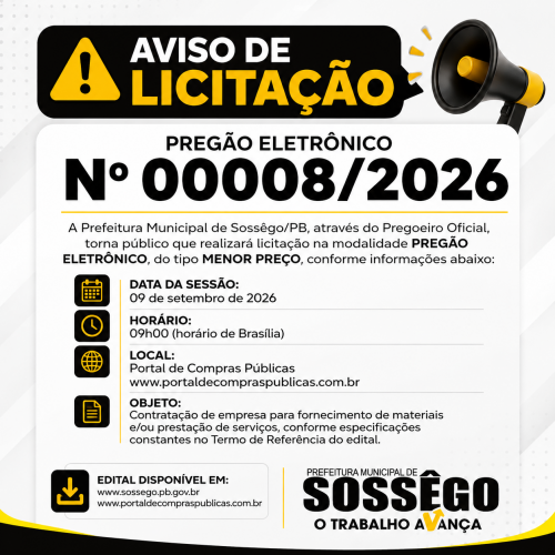 AVISO DE LICITAÇÃO PREGÃO ELETRÔNICO Nº 00008/2026