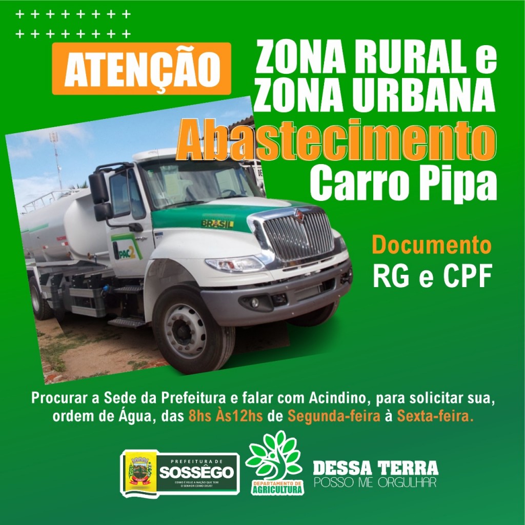 ZONA RURAL E URBANA TEM ABASTECIMENTO DE ÁGUA POR CARRO PIPA